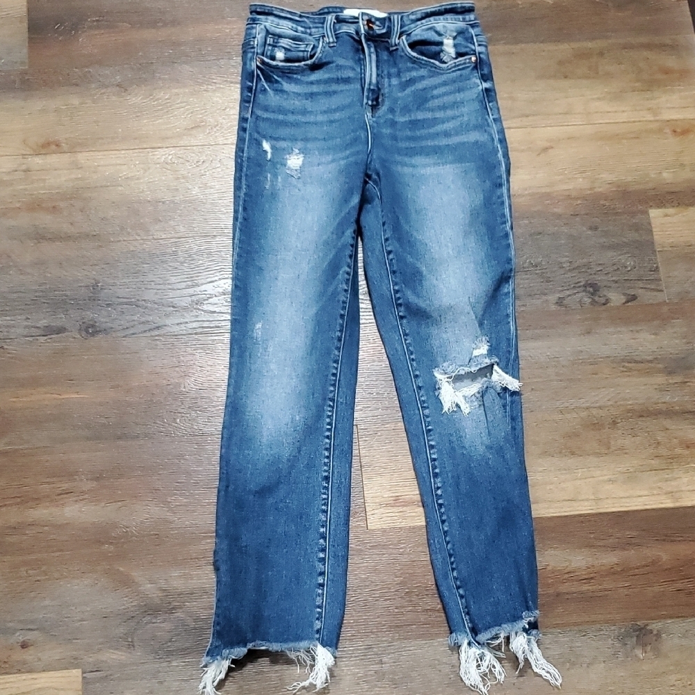 Mica Classic Blue Distressed Cropped Straight Leg Jeans